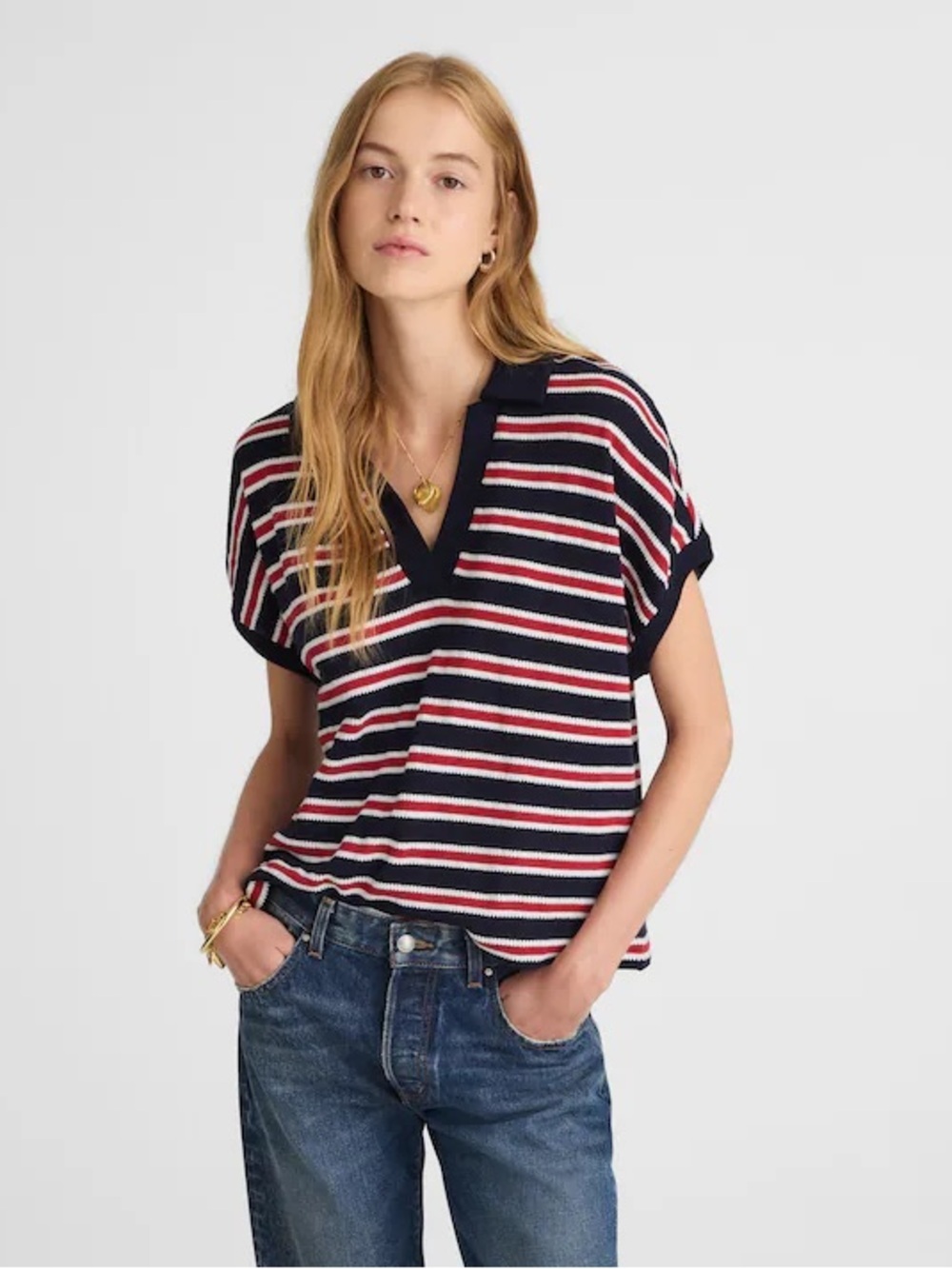 Madewell Relaxed V-Neck Polo Shirt in Stripe size medium